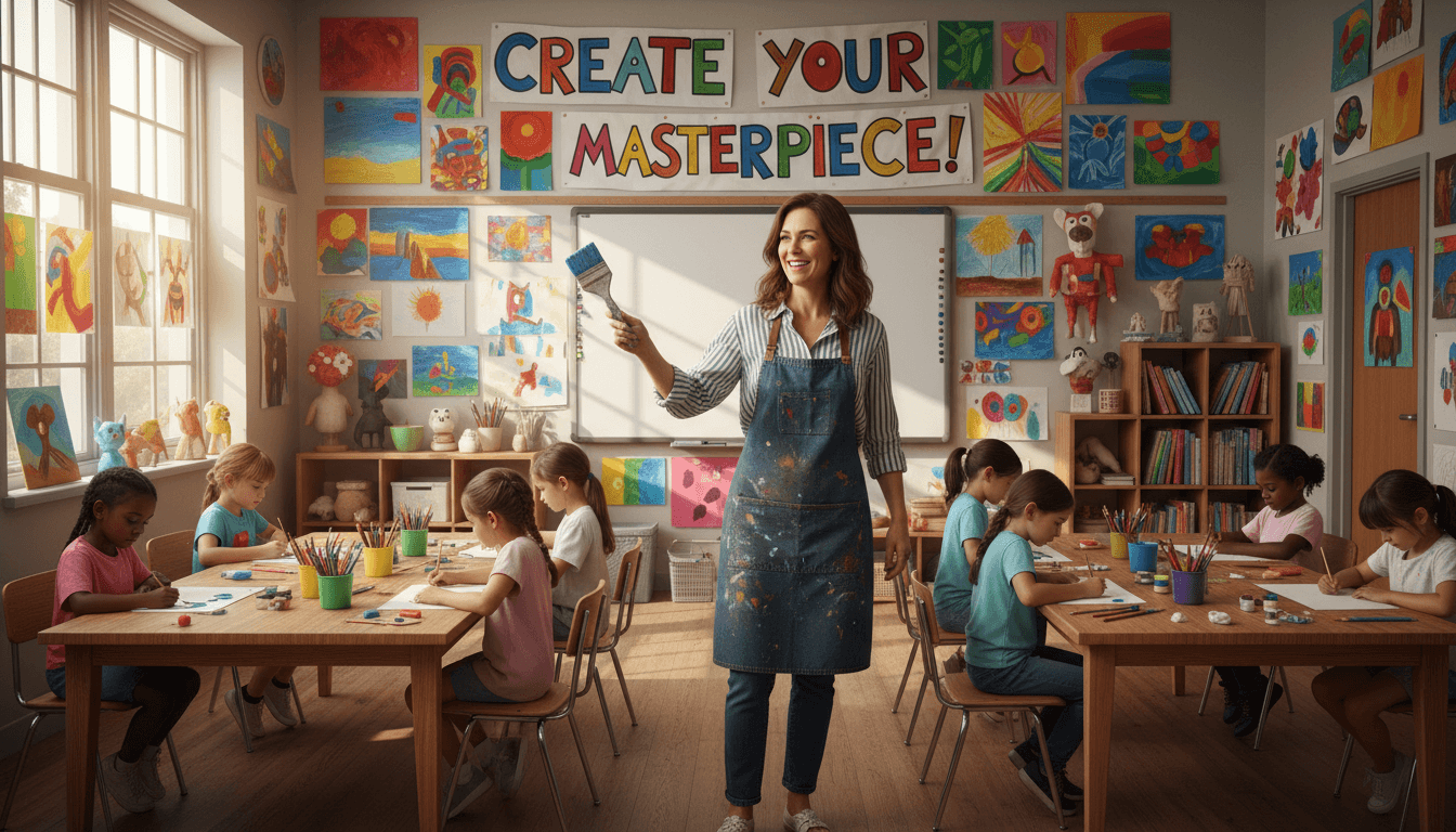Docente de arte frente a un aula con obras coloridas y luz natural